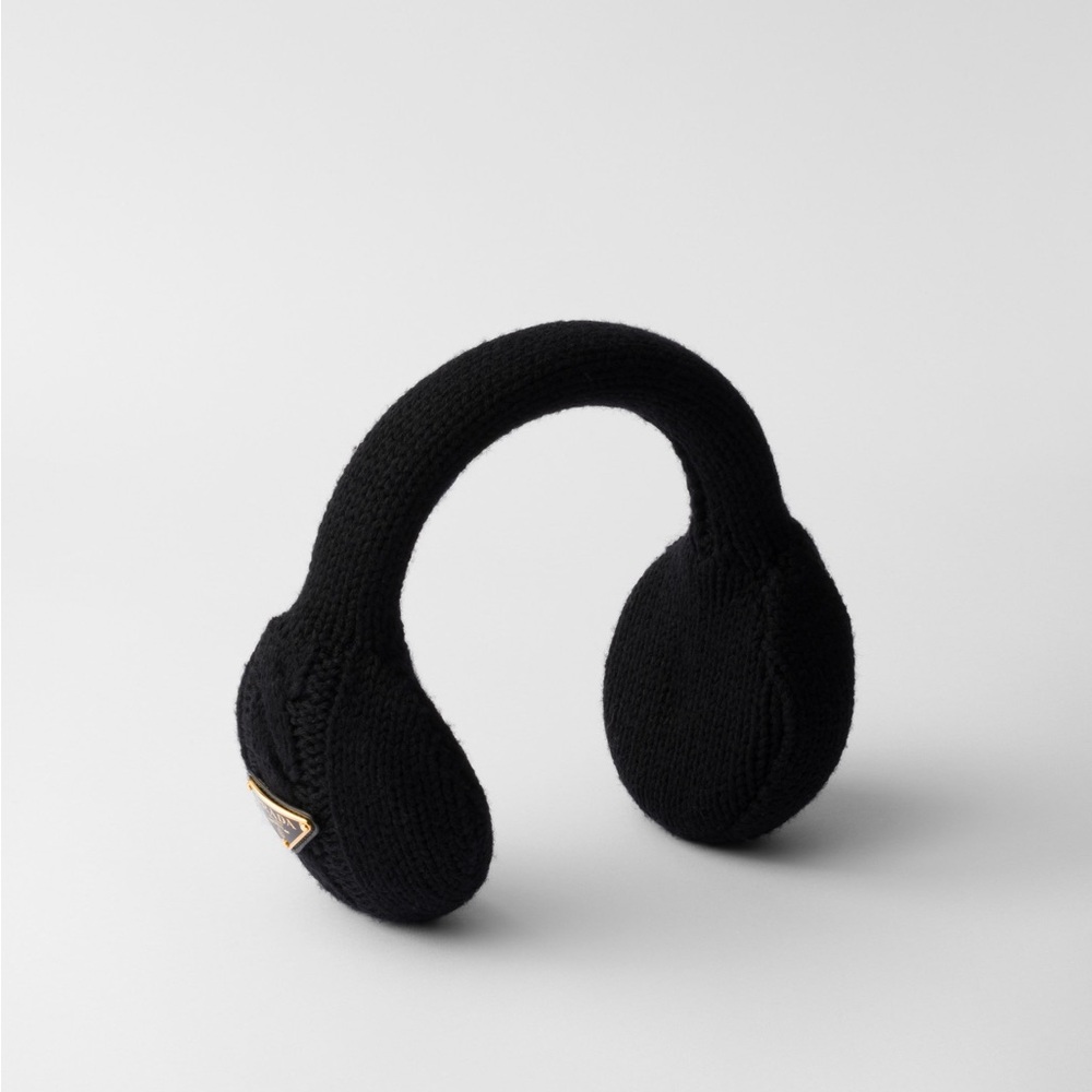 Prada Black Wool Earmuffs with Gold Logo